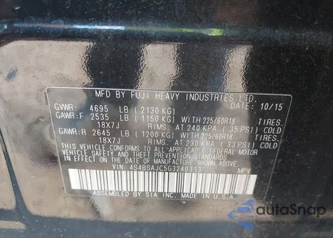 2016 Subaru Outback 2.5I Limited из США, поврежденный, VIN 4S4BSAJC5G3240313